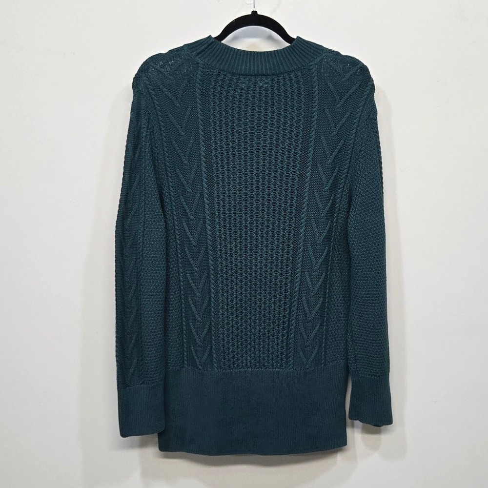 Known Supply Sweater Medium Teal Green Cable Knit Mock Neck 100% Organic Cotton - Picture 2 of 8